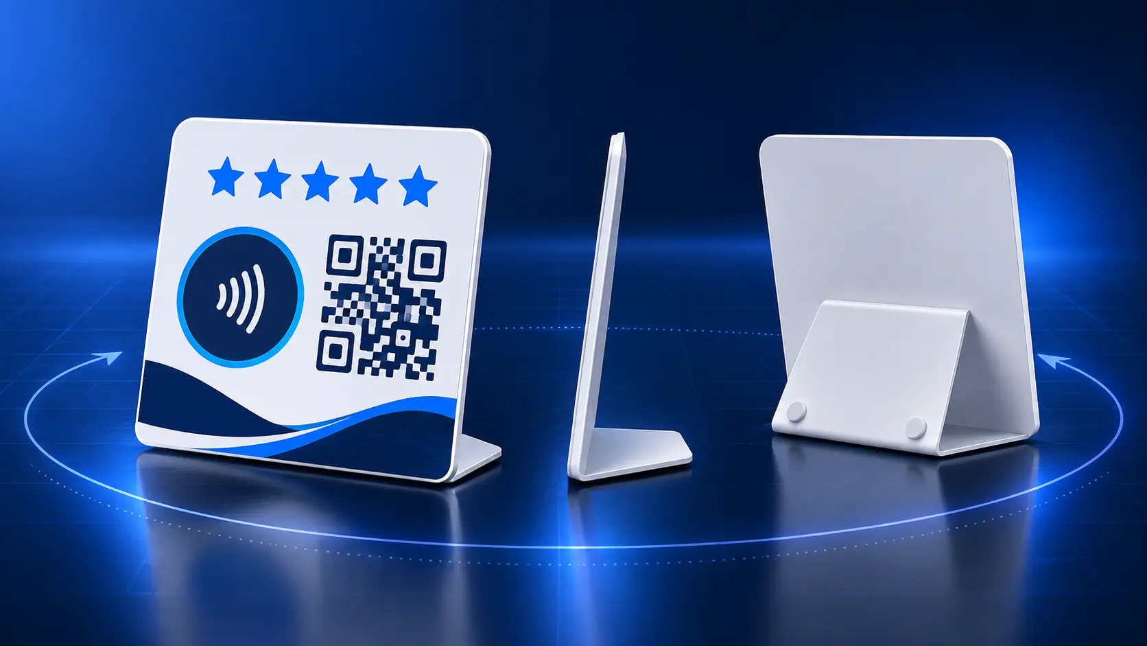 Ilustración del display NFC + QR en tres vistas: frente, perfil y reverso con soporte